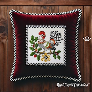 May include: A red velvet pillow with a black and white checkered border features an embroidered image of a rooster with a black and white checkered pattern, perched on a branch with holly berries. The pillow has the text "Royal Present Embroidery" at the bottom.