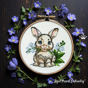 Spring rabbit with forget-me-nots machine embroidery design - 3 sizes