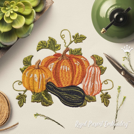 Fiber Arts Embroidery Pumpkin with Vines and Leaves Embroidery File