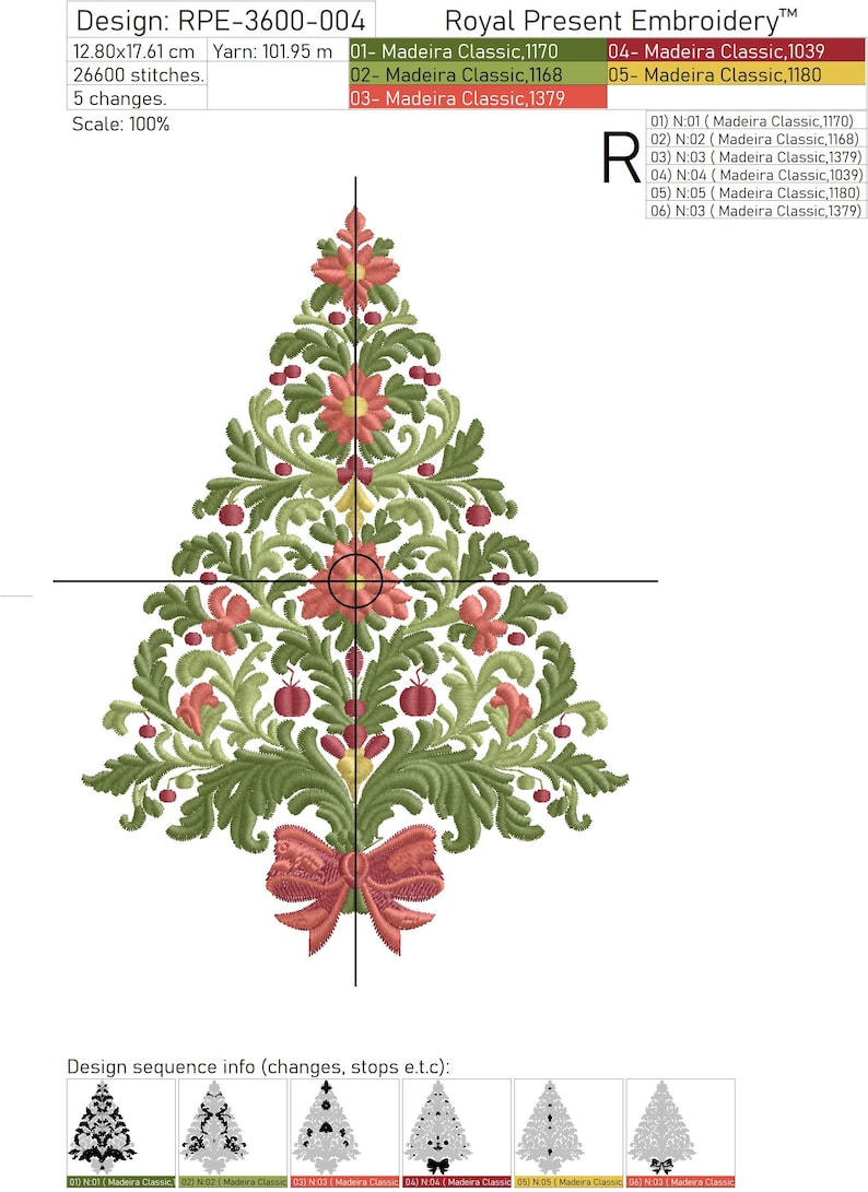 K&ouml;nnte beinhalten: Ein gesticktes Weihnachtsbaumdesign in Gr&uuml;n, Rot und Gelb mit einer roten Schleife am unteren Ende. Das Design ist 12,80 cm x 17,61 cm gro&szlig; und hat 26.600 Stiche. Das Design hei&szlig;t "Royal Present Embroidery" und wird mit Madeira Classic-Garn hergestellt.