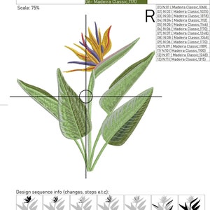 May include: A detailed embroidery design of a bird of paradise flower with green leaves. The design is 17.82 inches by 19.34 inches and uses 12 different colors of Madeira Classic embroidery thread.