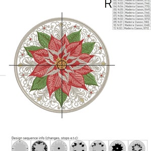 Peut inclure: Motif brod&eacute; RPE-3596-2, mesurant 19,86 x 19,86 cm, repr&eacute;sentant un poinsettia avec des p&eacute;tales rouges, des feuilles vertes et une bordure circulaire d&eacute;taill&eacute;e. Le motif comprend le texte "Royal Present Embroidery".