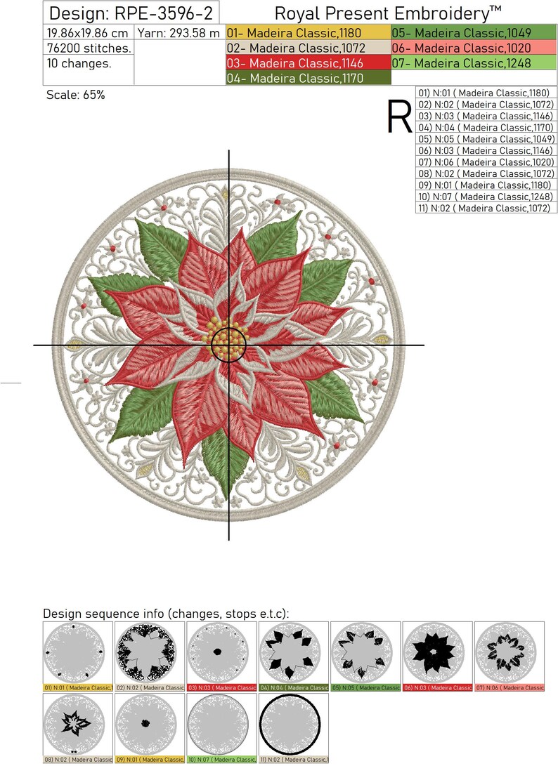 Peut inclure: Motif brod&eacute; RPE-3596-2, mesurant 19,86 x 19,86 cm, repr&eacute;sentant un poinsettia avec des p&eacute;tales rouges, des feuilles vertes et une bordure circulaire d&eacute;taill&eacute;e. Le motif comprend le texte "Royal Present Embroidery".