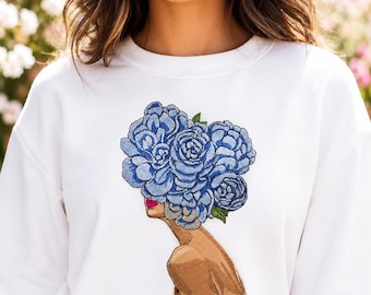Girl in a Flower Hat Machine Embroidery Design, Floral Woman Portrait Embroidery File, Blue Rose Lady Pattern, Digital Download, 6 Sizes