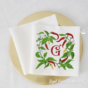 May include: White embroidered kitchen towel with a red letter G surrounded by green chili pepper plants and red chili peppers. The text "Royal Present Embroidery" is at the bottom of the towel.