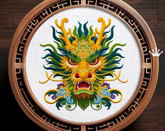 Kleines gehörntes chinesisches Drachenkopf-Maschinenstickdesign - 4 Größen