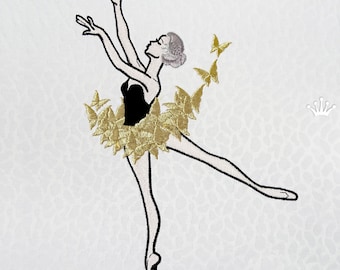 May include: A black and white line drawing of a ballerina with a gold butterfly tutu. The ballerina is in a pose with her right leg extended and her left leg pointed. There are gold butterflies flying around her.