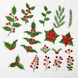 May include: A set of 14 embroidery designs featuring various Christmas-themed motifs, including holly leaves, berries, poinsettias, and pine branches. The designs are all in red and green.