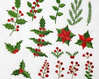 May include: A set of 14 embroidery designs featuring various Christmas-themed motifs, including holly leaves, berries, poinsettias, and pine branches. The designs are all in red and green.