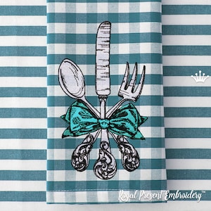 May include: A teal and white gingham kitchen towel with an embroidered design of a knife, fork, and spoon tied together with a teal bow.