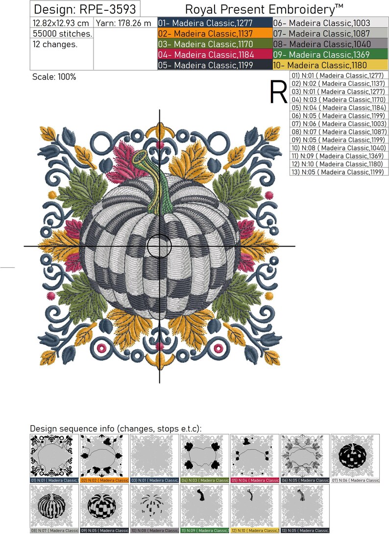 Puede incluir: Un archivo de dise&ntilde;o de bordado RPE-3593 que presenta una calabaza central con un patr&oacute;n de cuadros en blanco y negro, rodeada de hojas decorativas verdes y amarillas, detalles en rosa y volutas azul oscuro sobre fondo blanco.