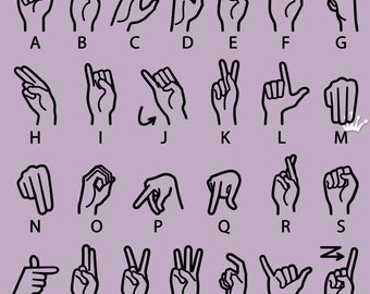 May include: A black and white illustration of the American Sign Language alphabet. Each letter is represented by a hand gesture.