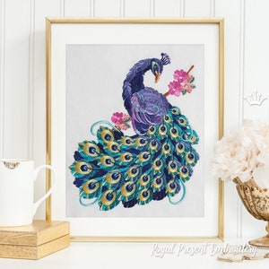 Oriental Peacock on a Blooming Branch Machine Embroidery Design - 3 sizes