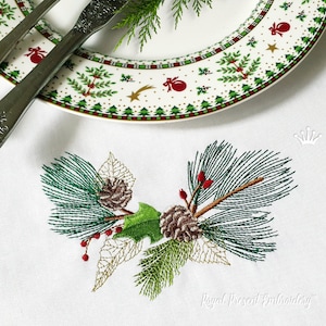 Winter corner with fir branches and pine cone embroidery design - 3 sizes