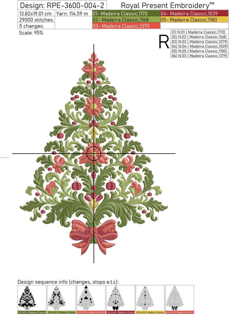K&ouml;nnte beinhalten: Ein rotes und gr&uuml;nes Weihnachtsbaum-Stickmuster mit einer roten Schleife am unteren Ende. Das Design ist 13,82 cm x 19,01 cm gro&szlig; und verwendet 29.000 Stiche. Das Design ist mit Madeira Classic Stickgarn in f&uuml;nf verschiedenen Farben gefertigt.