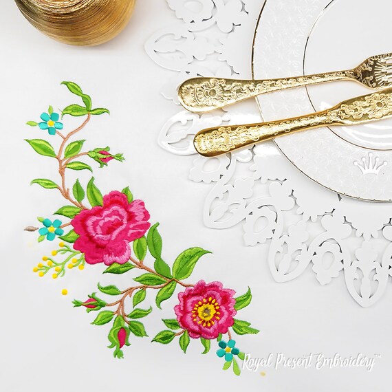 Climbing Roses Corner Machine Embroidery Design - 2 Sizes