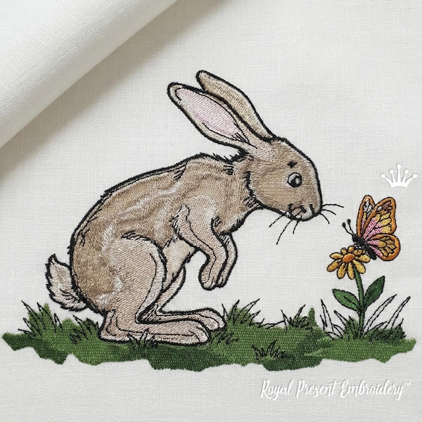 Hare with a flower and butterfly machine embroidery design - 5 sizes