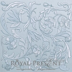 May include: A light blue fabric with a white embroidered floral design. The design features intricate swirls and leaves, with small white flowers throughout. The text "ROYAL PRESENT" is embroidered in white at the bottom of the fabric.