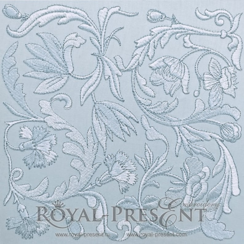 May include: A light blue fabric with a white embroidered floral design. The design features intricate swirls and leaves, with small white flowers throughout. The text "ROYAL PRESENT" is embroidered in white at the bottom of the fabric.