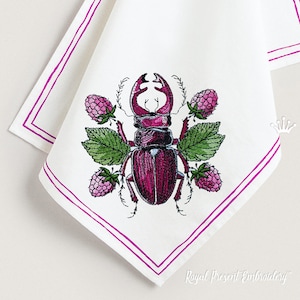 Stag beetle with berries machine embroidery design - 4 sizes