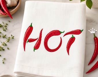 Diseño de bordado a máquina con la palabra "HIT" (Pimiento Rojo Picante), archivo de bordado de chile para toallas de cocina, delantales de barbacoa, regalos de salsa picante.