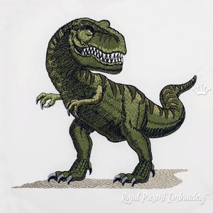 May include: Green embroidered dinosaur with sharp teeth and claws, standing on a tan surface. The dinosaur is facing right and has a long tail.
