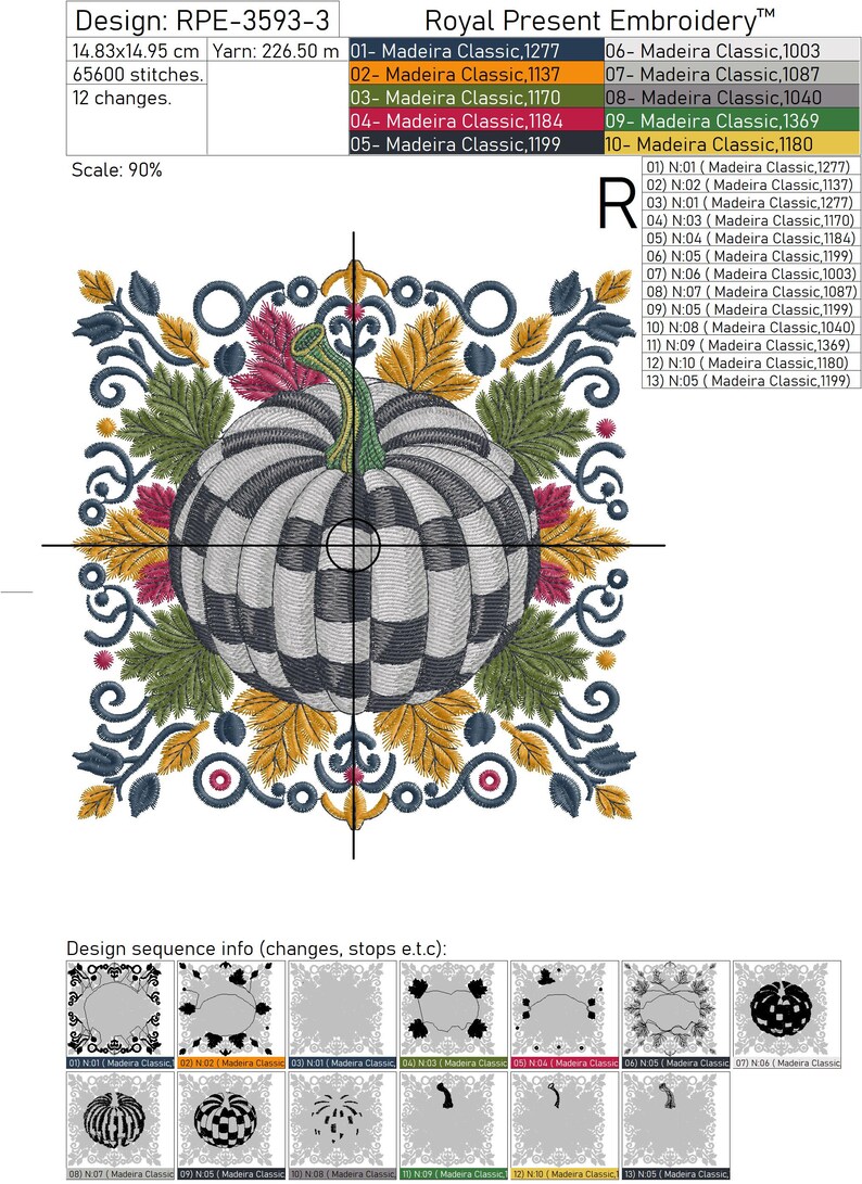 Puede incluir: Un dise&ntilde;o de bordado con una calabaza central a cuadros blancos y negros rodeada de hojas verdes, amarillas y magenta, y volutas azul oscuro. La ficha t&eacute;cnica incluye el nombre RPE-3593-3, dimensiones de 14,83x14,95 cm y una lista detallada de colores.