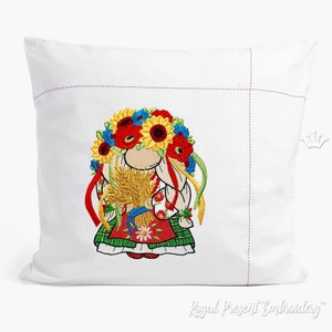 May include: Embroidered pillow featuring a girl in a traditional Ukrainian dress, holding a sheaf of wheat and wearing a wreath of sunflowers and poppies.