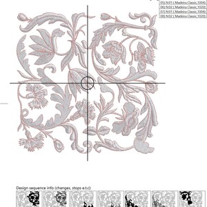 May include: A silver embroidery design of a floral pattern with a white background. The design is 19.90 cm by 19.96 cm and has 7 color changes. The design is called "Royal Present Embroidery" and is made with Madeira Classic threads.