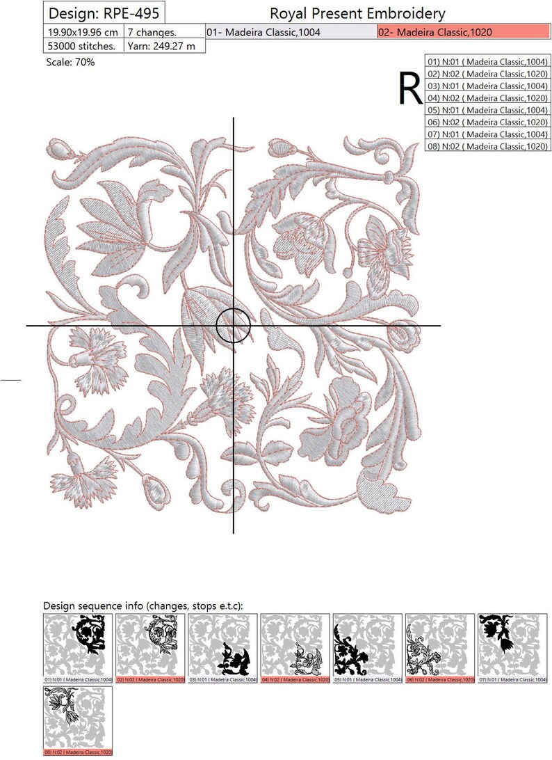 May include: A silver embroidery design of a floral pattern with a white background. The design is 19.90 cm by 19.96 cm and has 7 color changes. The design is called "Royal Present Embroidery" and is made with Madeira Classic threads.