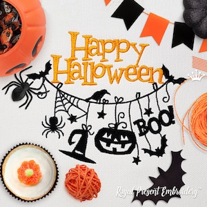 May include: Embroidered design featuring the text "Happy Halloween" with a string of decorations including bats, spiders, a witch's hat, a pumpkin, and the word "Boo!"
