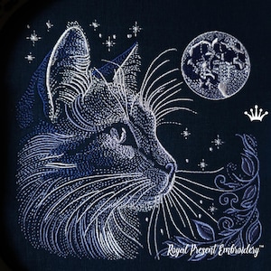 May include: Embroidered design featuring a cat's profile, a full moon, and stars on a dark blue background. The cat is rendered in white and blue thread, with detailed whiskers and fur. The moon is detailed with craters. The design includes the text "Royal Present Embroidery".