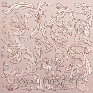 May include: A delicate floral embroidery design featuring intricate white flowers and leaves on a pale pink background. The design is reminiscent of traditional embroidery patterns.