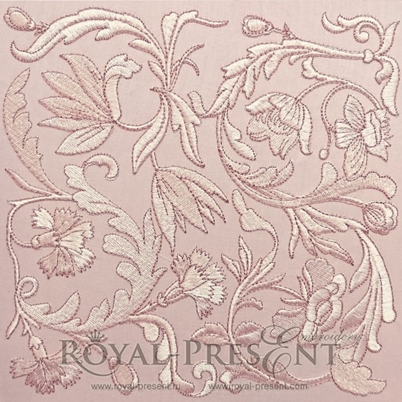 May include: A delicate floral embroidery design featuring intricate white flowers and leaves on a pale pink background. The design is reminiscent of traditional embroidery patterns.