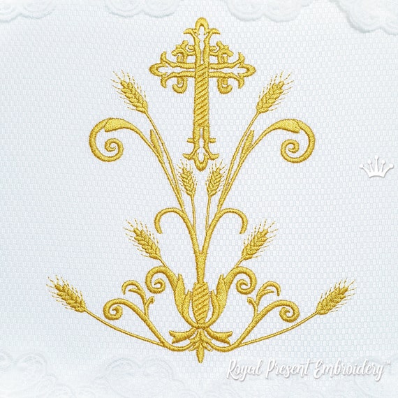 Cross With Wheat Ornament Machine Embroidery Design 3 Sizes Etsy