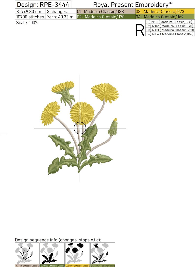 Pode incluir: Um desenho de bordado que apresenta um grupo de dentes-de-le&atilde;o amarelos com caules e folhas verdes. O desenho mede 8,19 cm por 9,80 cm e utiliza 10&nbsp;700 pontos. O desenho &eacute; etiquetado como "Royal Present Embroidery" e inclui o texto "RPE-3444".