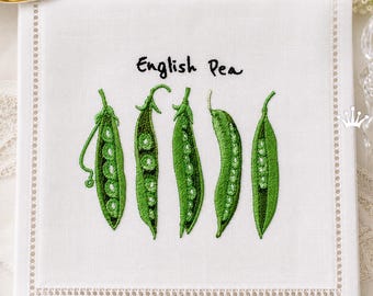 Diseño de bordado a máquina de vainas de guisantes ingleses, archivo de bordado de guisantes verdes para toallas de cocina, servilletas, delantales, bolsas de mercado - 4 tamaños