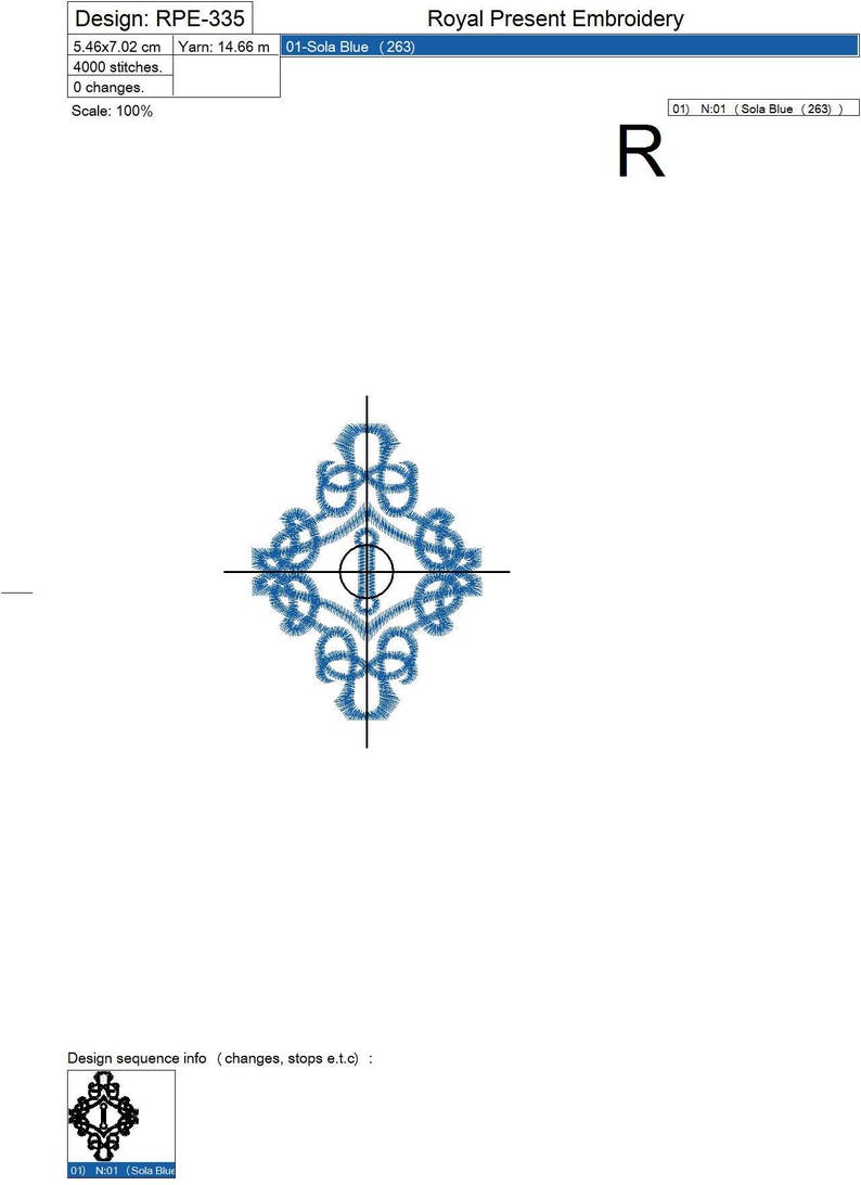 May include: An embroidery design labeled RPE-335, featuring a symmetrical blue floral pattern with a central circle. The design is 5.46 cm by 7.02 cm and includes the text "Royal Present Embroidery".