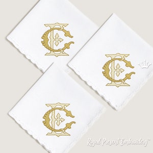 May include: Three white linen handkerchiefs with gold embroidered initial "C" monograms. The monogram is a traditional, ornate design with a cross in the center.