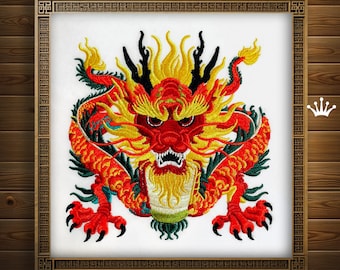 Red Horned Chinese Dragon machine embroidery design - 4 sizes
