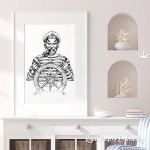 May include: Black and white line drawing of a sailor with a beard, wearing a striped shirt and a captain's hat, holding a ship's wheel.
