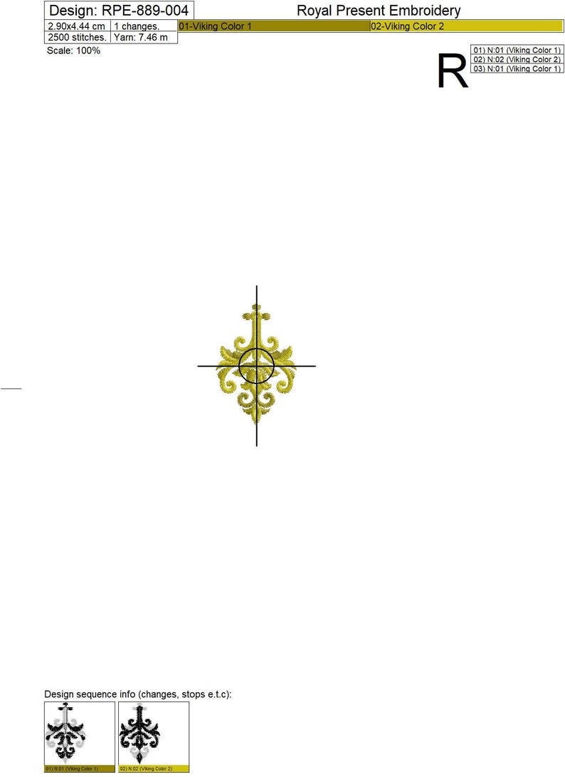 May include: A gold embroidery design with a floral pattern. The design is 2.90 inches by 4.44 inches and has 2500 stitches. The design is called "RPE-889-004" and is from Royal Present Embroidery.