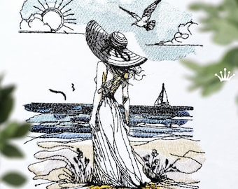 May include: A black and white embroidery design of a woman in a wide-brimmed hat standing on a beach with a sailboat in the distance. The sky is blue with clouds and a sun.