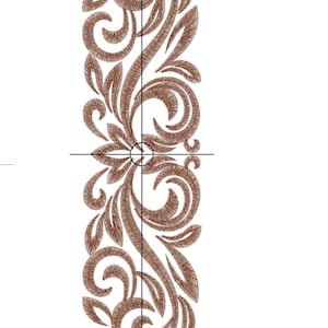 May include: A brown floral embroidery design with a repeating pattern of leaves and swirls. The design is 6.88 inches by 23.62 inches and uses 27,200 stitches. The design is labeled "RPE-549" and "Royal Present Embroidery".