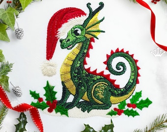 Dragon in Santa's hat machine embroidery design - 4 sizes
