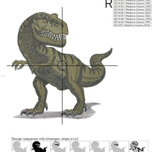 May include: A green embroidered design of a Tyrannosaurus Rex dinosaur. The design is 15.84 inches by 16.86 inches and uses 46,800 stitches. The design is made with Madeira Classic embroidery thread in 10 different colors.