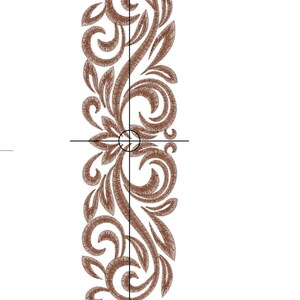 May include: A brown floral embroidery design with a vertical orientation. The design is 5.74 inches by 19.78 inches and uses 16,600 stitches. The design is labeled "RPE-549-200" and is for Madeira Classic, 1258.