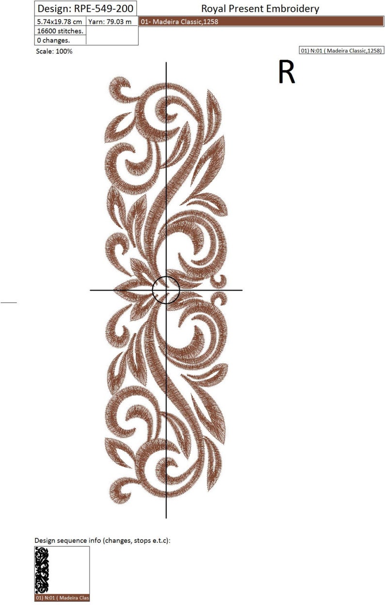 May include: A brown floral embroidery design with a vertical orientation. The design is 5.74 inches by 19.78 inches and uses 16,600 stitches. The design is labeled "RPE-549-200" and is for Madeira Classic, 1258.