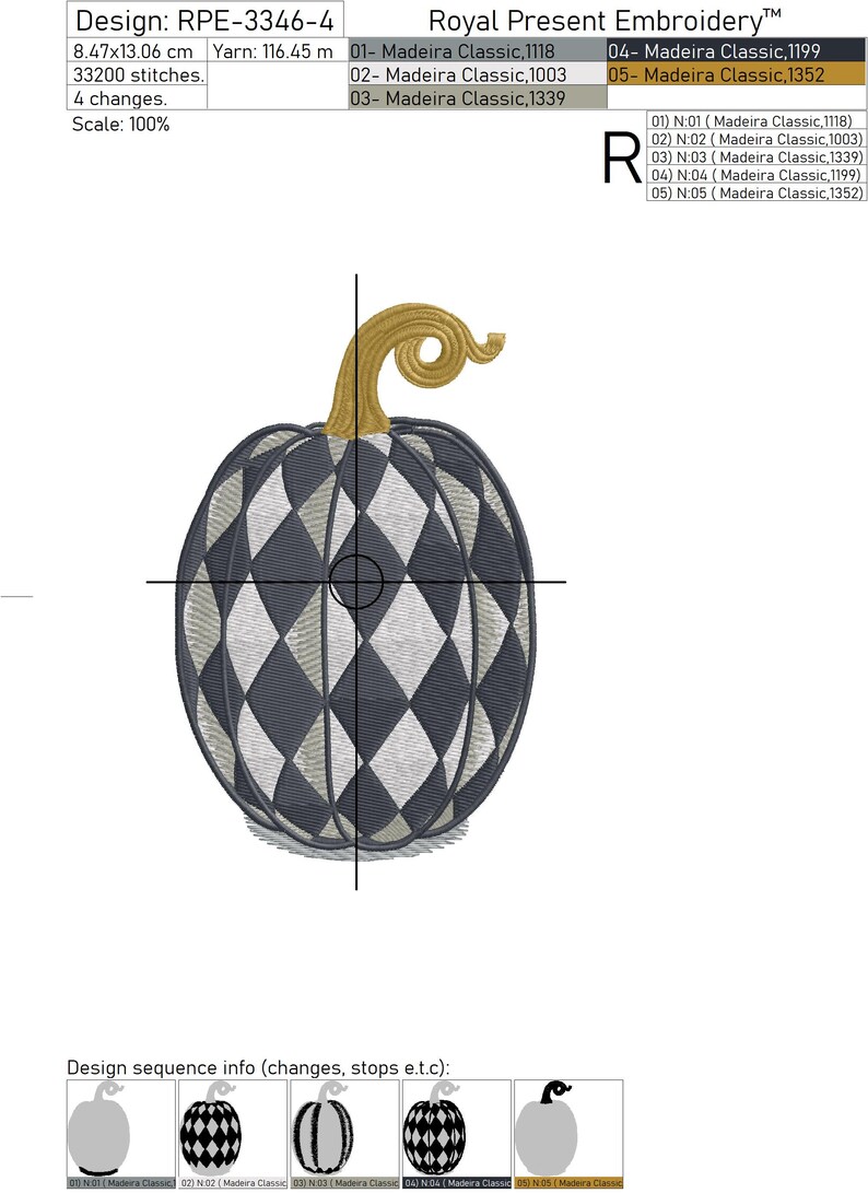 Puede incluir: Una calabaza a cuadros negros y blancos con un tallo dorado. La calabaza mide 8,47 cm por 13,06 cm y requiere 33.200 puntadas para bordar. El dise&ntilde;o se llama "RPE-3346-4" y es de Royal Present Embroidery.
