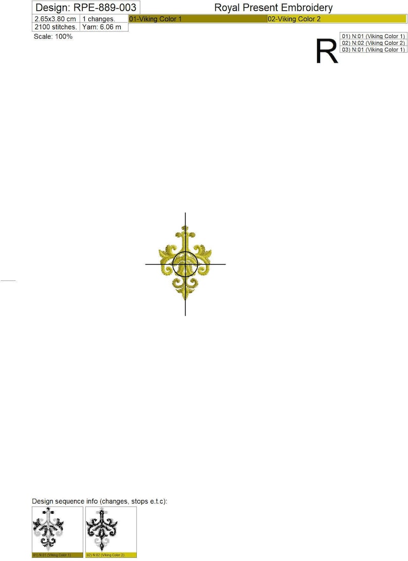 May include: A gold embroidery design with a floral pattern. The design is 2.65 inches by 3.80 inches and has 2100 stitches. The design is called "RPE-889-003" and is from Royal Present Embroidery.
